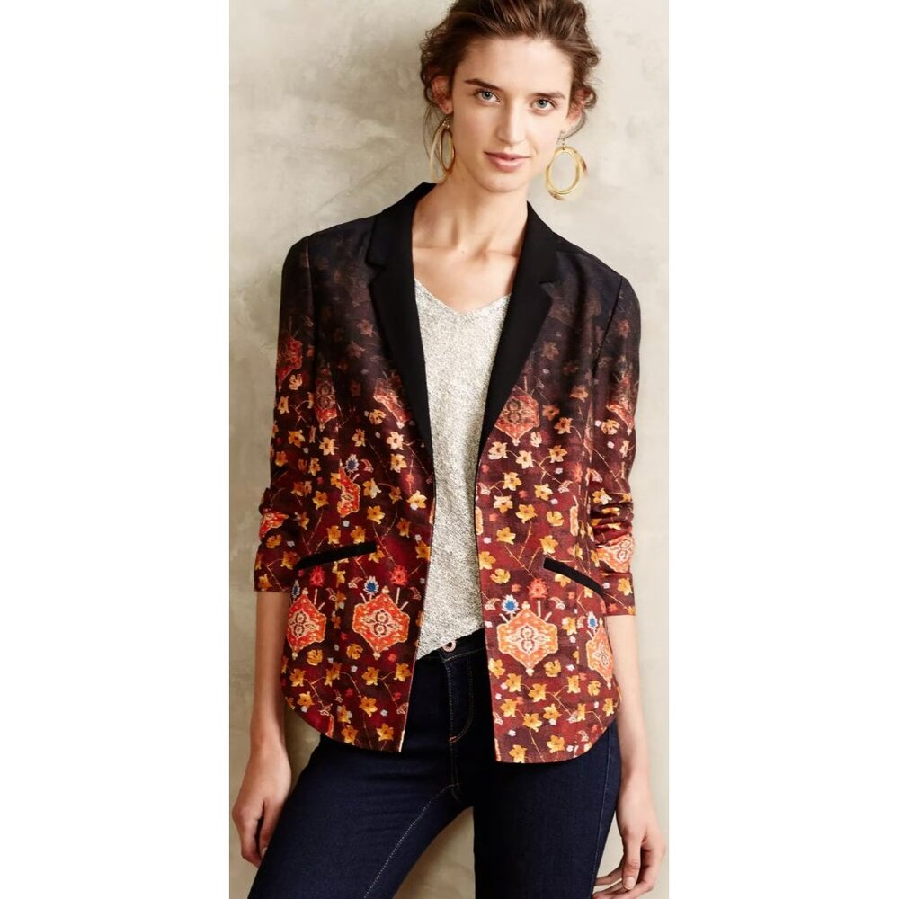 Cartonnier Anthropologie Telluride Dark Maroon Floral Open Front Blazer, Size 0